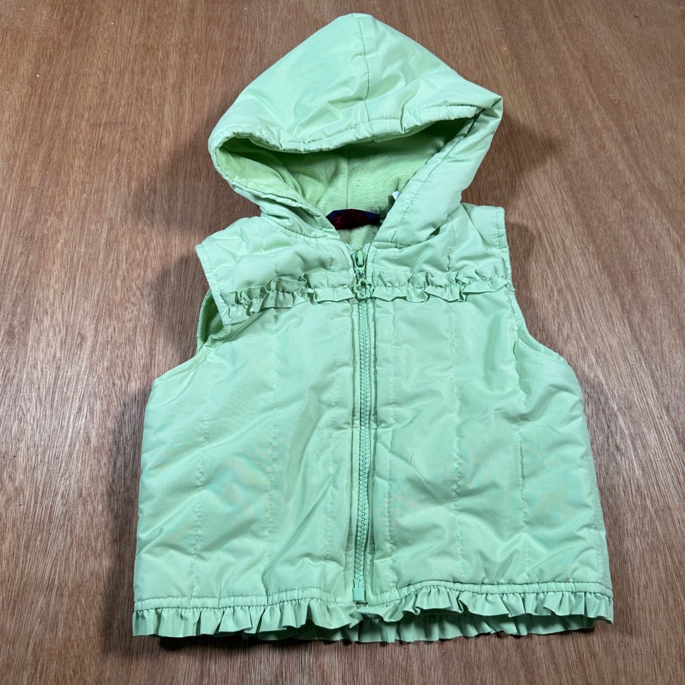Kids Headquarters Puffer Vest Toddler 4T Green Ruffle Hooded Fleece Lined Zip Up